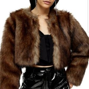 TOPSHOP Brown Cropped Faux Fur Coat